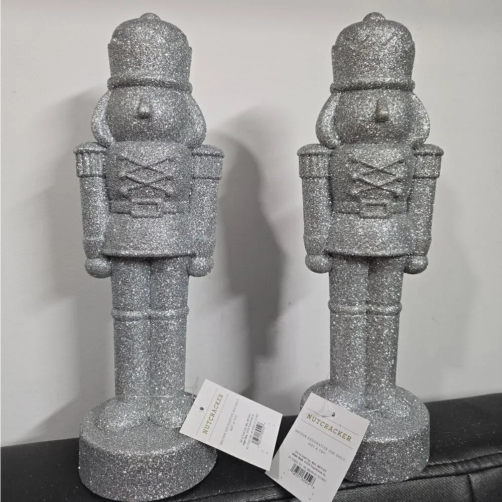 Set of 2 Silver Glittered Christmas Decorative Nutcrackers,  11.5 in H, New